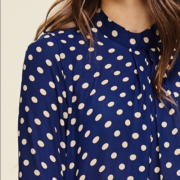 Navy Polka Dot Pleated Trumpet Sleeve Dress - Picture 3 of 4